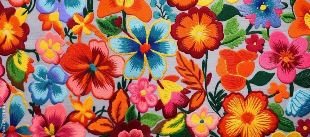 A tapestry showcases a rich tapestry of handcrafted floral patterns in a riot of colors A tapestry showcases a rich tapestry of handcrafted floral patterns in a riot of colors