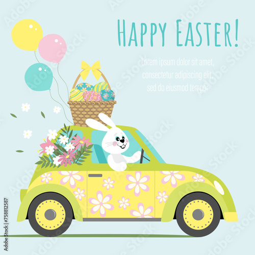 A cheerful hare is driving a car. Easter illustration. Happy easter.