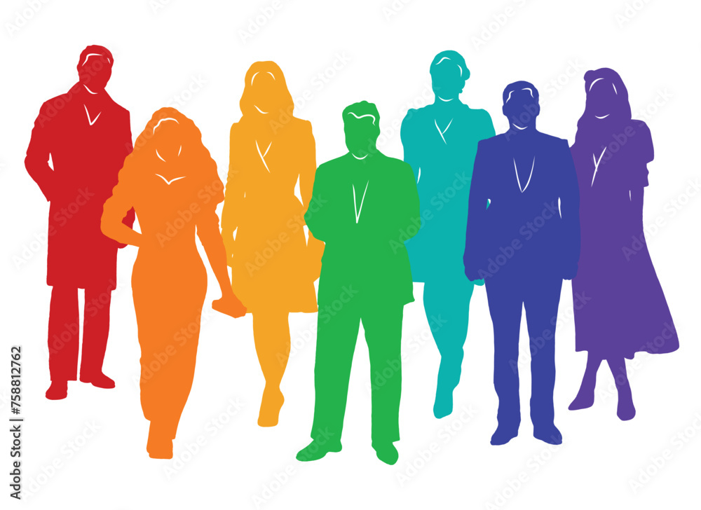 Obraz premium Group of people, silhouettes of men and women, passers-by, ladies and gentlemen, office workers, businessmen, business people. Colorful vector illustration. 