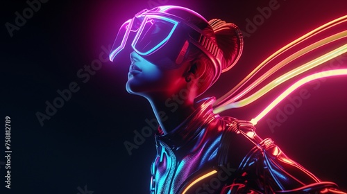 A girl model in a dynamic pose, wearing a futuristic outfit, with neon lights illuminating her against a pitch-black background.
