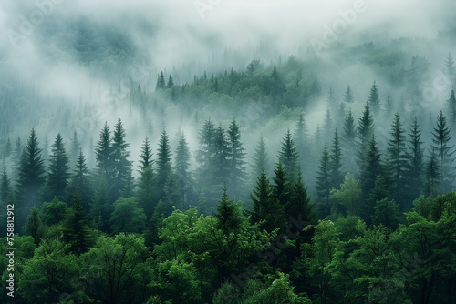 Foggy forest and a mountain in the background © Anna