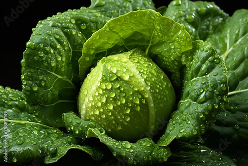 a head of cabbage with water droplets on it photo