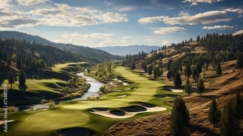 A golf course nestled in the serene mountains, with lush green fairways under a clear sky