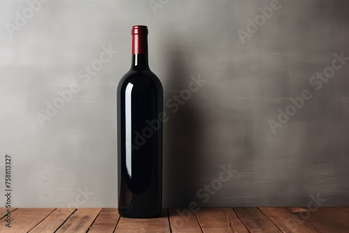 A contemporary red wine bottle stands on a wooden table against a textured grey backdrop, showcasing minimalist style. Modern Minimalist Red Wine Bottle on Wooden Table