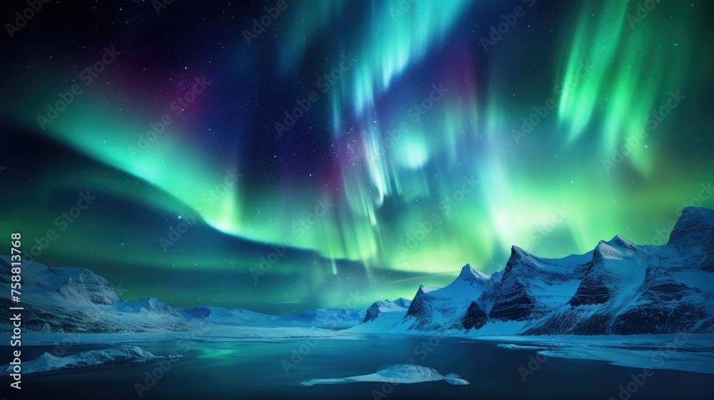 Northern Lights Aurora Borealis Landscape. Dramatic Sky, Snowy Mountains, Green Lights Reflecting on Lake Water, Beautiful Background