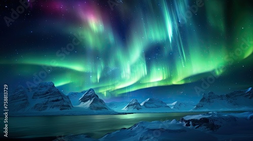Northern Lights Aurora Borealis Landscape. Dramatic Sky, Snowy Mountains, Green Lights Reflecting on Lake Water, Beautiful Background © DreamStock