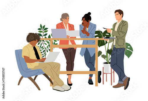 Diverse multiracial business team. Different young men and women in  smart casual outfits working in modern office, coworking with ergonomic furniture and potted plants. Colorful vector illustration.