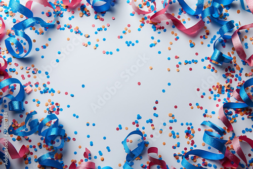 Background with colored confetti and streamers isolated on white background for birthday party or New Year's festivities and copy space, top view