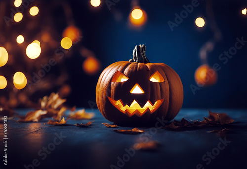 Halloween pumpkin on dark blue background stock photoHalloween Backgrounds Table Pumpkin Autumn