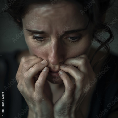 Sad depressed desperate grieving crying woman with folded hands and tears eyes during trouble life difficulties depression and mental emotional problems