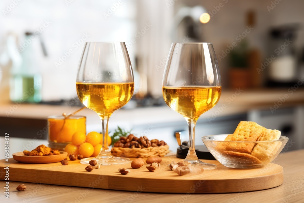 A homely setting featuring two glasses of white wine and an assortment of snacks on a wooden board, with a cozy kitchen backdrop. Intimate Home Wine Tasting with Snacks A homely setting featuring two glasses of white wine and an assortment of snacks on a wooden board, with a cozy kitchen backdrop. Intimate Home Wine Tasting with Snacks