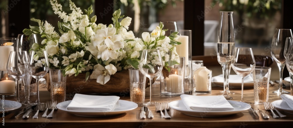 Table arrangement with napkin, foliage, wooden dinnerware, and glassware paired with vases of white blooms and candlelight