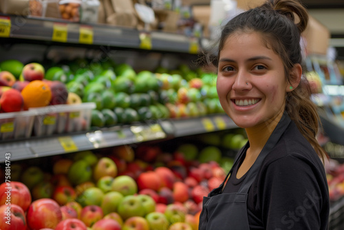 Smiling hispanic female supermarket fruit section worker looking at the camera