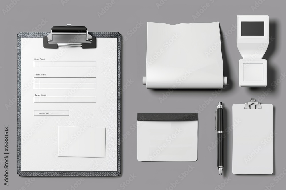 Three-dimensional modern set of cash receipt on clipboard, purchase bill invoice, supermarket shopping retail sum check, and total cost store sale payment.