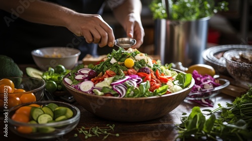 A person meticulously preparing a vibrant salad in a bowl, mixing fresh greens and colorful vegetables