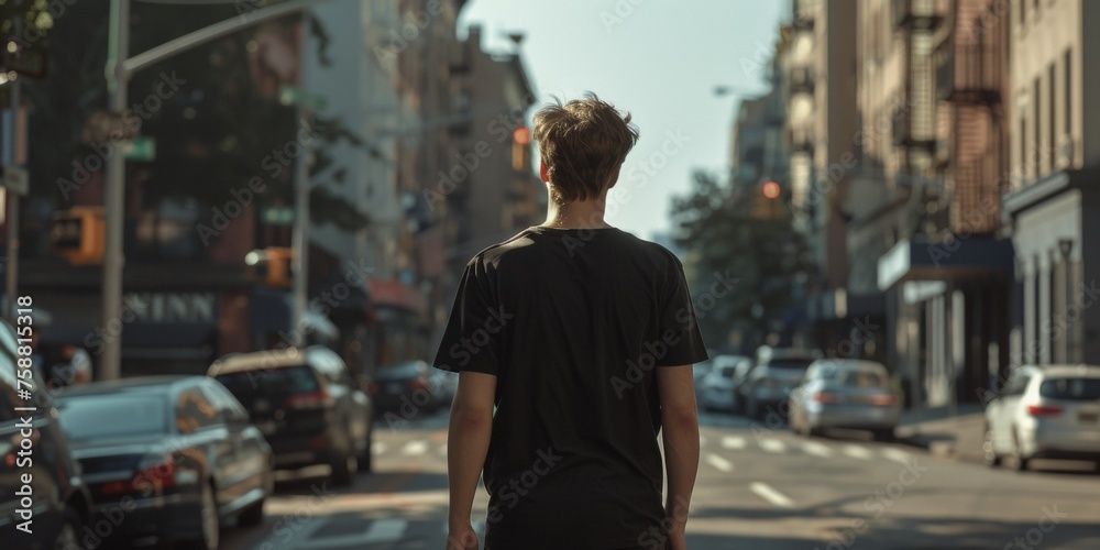 young man in a black T-shirt on the street mock-up Generative AI