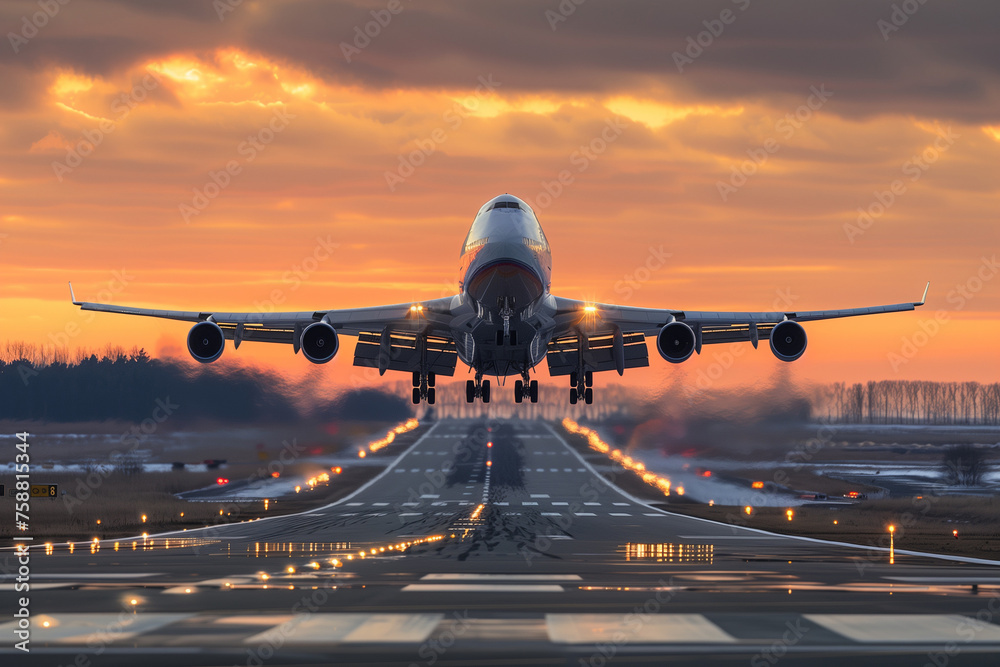 Large Jetliner Taking Off from Airport Runway under Sunlight - obrazy, fototapety, plakaty 