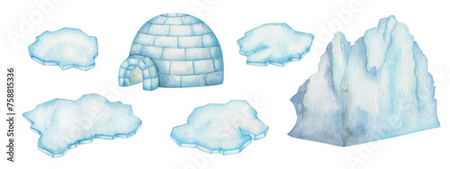 Watercolor set of illustrations. Hand painted igloo house, ice floe, iceberg. Blue, white glacier, block of ice, icehouse. Floating frozen water, snow. Winter in Arctic, Antarctic. Isolated clip art