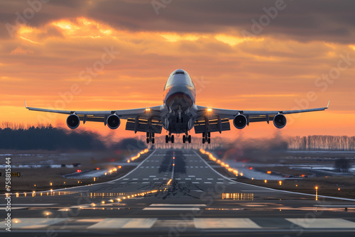 Large Jetliner Taking Off from Airport Runway under Sunlight photo