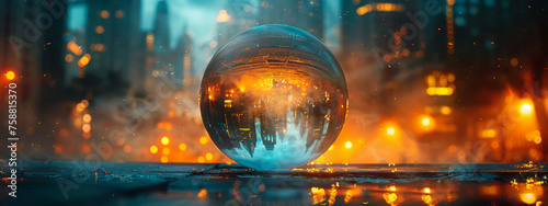 A glass ball with a reflection of a blurred city lights in it on a reflective surface with a blurry background.