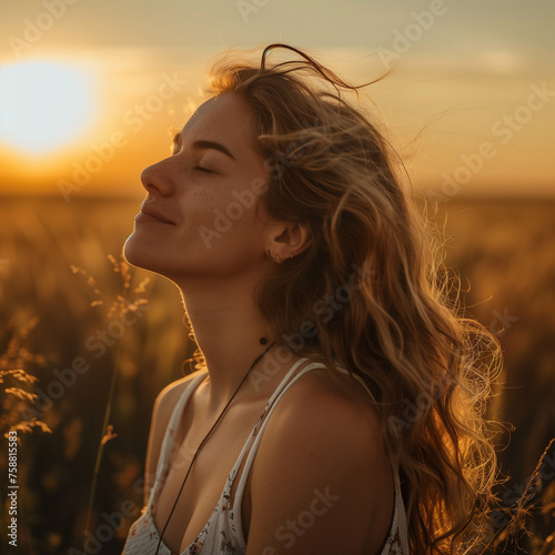 Tranquil and Joyful Woman Portraying Happiness in Backlit Portrait © Lucas