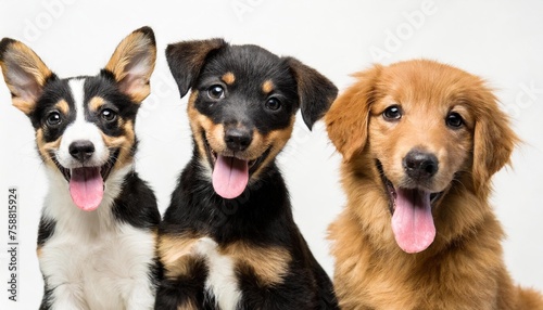 happy smilling dog puppies of different breeds isolated on white background © Josue