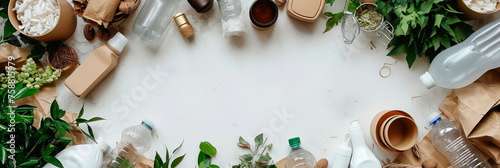 background with a zero-waste lifestyle theme, showcasing reusable items, composting bins, and sustainable alternatives to single-use plastics. photo