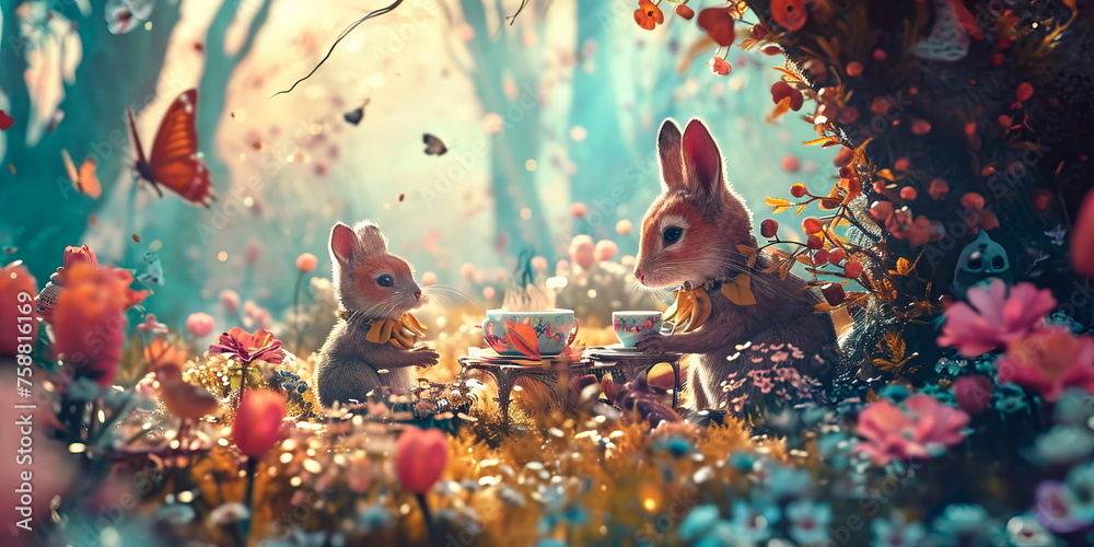 fairytale creatures having a tea party in a whimsical watercolor meadow, fanimals and fluttering butterflies. - obrazy, fototapety, plakaty 