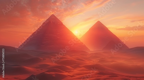 Pyramids in Giza  ancient pharaoh tombs in Africa  wonders of the world in Egypt  ancient architecture monuments  modern 3d illustration.