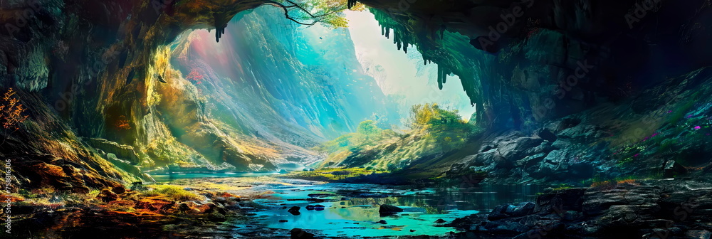 watercolor illustration of fairytale hidden cave in a vibrant landscape.