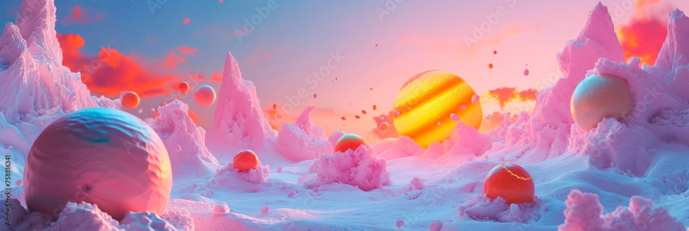 ice cream cosmos where planets made of pastel scoops orbit a candy sun, creating a delectable and whimsical universe. - obrazy, fototapety, plakaty 