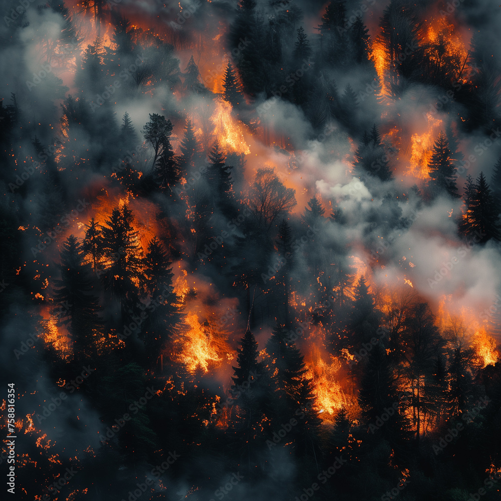 Severe Forest Fire Consuming Trees with Intense Flames - Detailed Photography