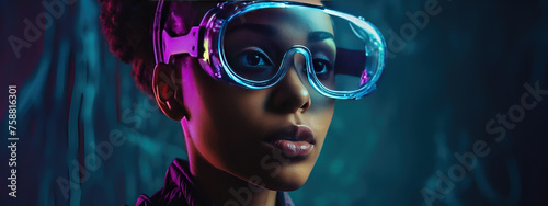 African-american girl in futuristic glasses in neon light. Virtual Reality Concept