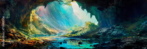 watercolor illustration of fairytale hidden cave in a vibrant landscape.