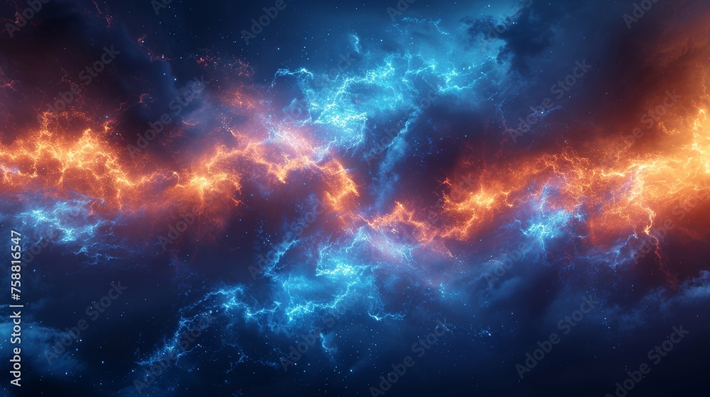 Bottom frame with realistic thunder light and blue smoke cloud design. Wide panoramic element with mysterious lightning glow border overlaying fluffy magic spell mist with bolt energy charge. - obrazy, fototapety, plakaty 