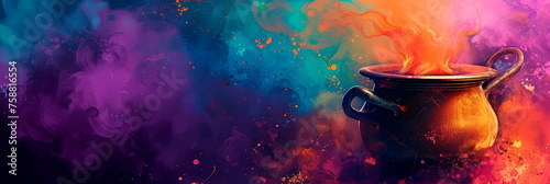 potion cauldron bubbling with abstract colors and shapes, its magical brew cascading into a watercolor background. photo