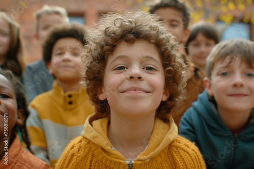 Group of diverse cheerful fun happy multiethnic children outdoors at the schoolyard