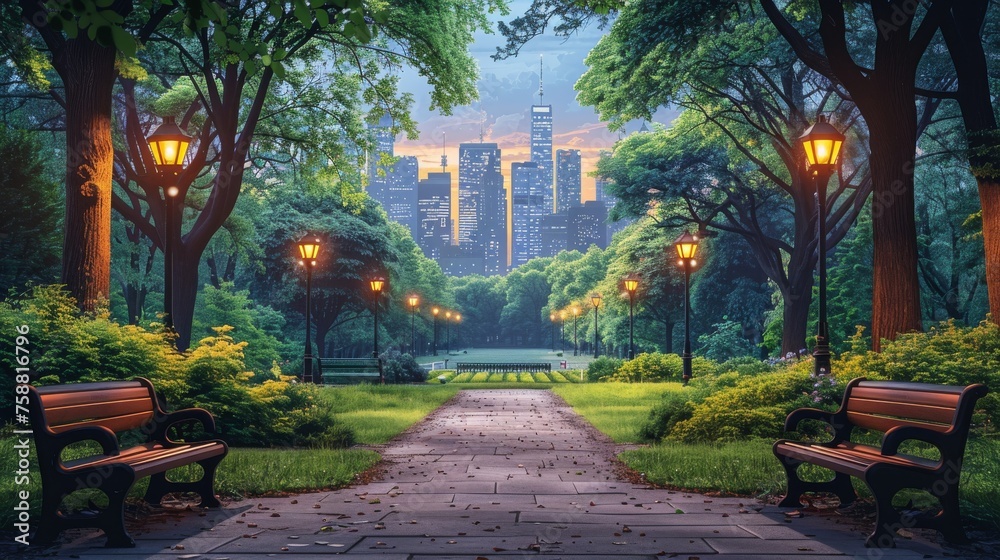 An empty public place with green trees and benches set in an urban garden with street lamps along a pathway on a background of a cityscape. Cartoon modern illustration.