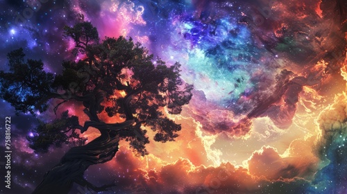 Ancient tree spreading its branches in front of a colorful cosmic sky filled with nebula and constellation of stars, fantasy landscape, abstract background in spiral composition