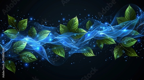 Fresh air effect with green leaves, waves and swirls, wand trails, menthol breath and detergent isolated on transparent background. Realistic 3D modern illustration.