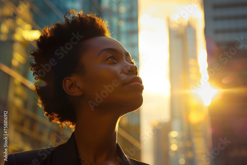 Happy wealthy rich successful black businesswoman standing in big city modern skyscrapers street on sunset thinking of successful vision dreaming of new investment opportunities. Generative AI