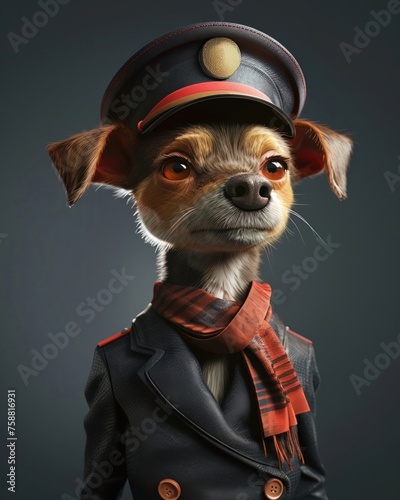 A whimsical illustration of a dog dressed in a stylish flight attendant uniform