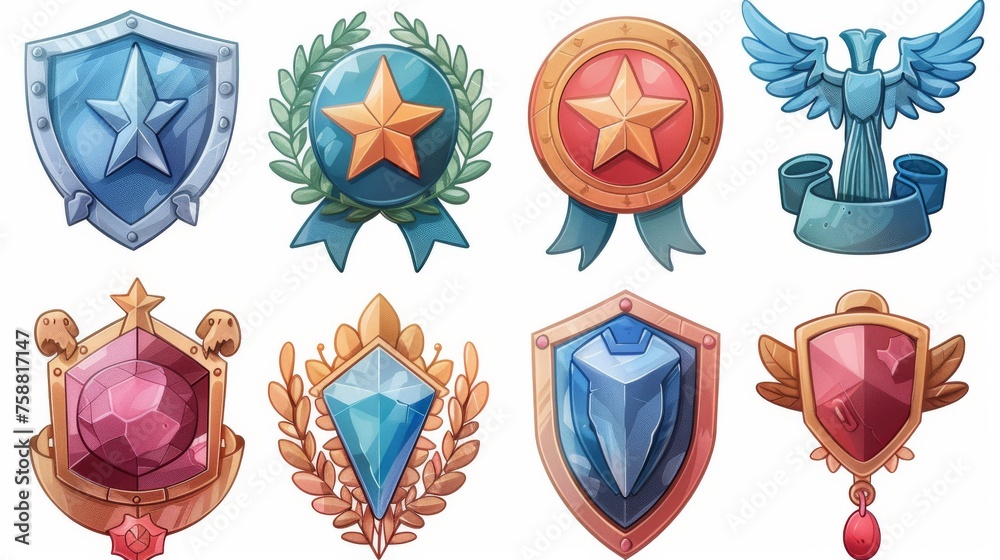 The rank badge set for military games has star insignia and stone, iron, silver, and gold textures. Level achievement icons with wings are also included. - obrazy, fototapety, plakaty 