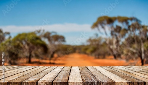the empty wooden table top with blur background of australian outback exuberant image