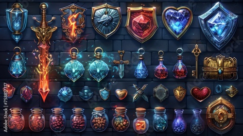 This set includes shields, swords, lightning flashes, hearts, gold cups, potion flasks, gold keys and treasure chests. 3D cartoon flags, gift boxes, bombs and money bills, hourglasses and brilliants