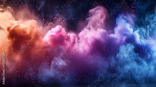 Isolated color powder explosions on transparent background. Spray of paint dust with dust particles. Modern realistic set of burst effect of colored powder clouds.