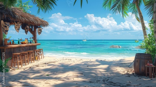 A tiki bar, a wooden hut with tribal masks, drinks and snacks on a summer beach. Modern cartoon tropical landscape with sea, palm trees and a cafe serving cocktails. Exotic vacation getaway.
