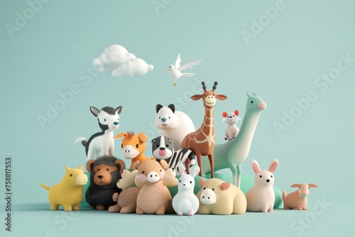 A 3D-rendered cartoon depicting a cheerful stockpile affectionately caring for diverse animals, highlighting a scene of nurturing and kindness. © JK_kyoto