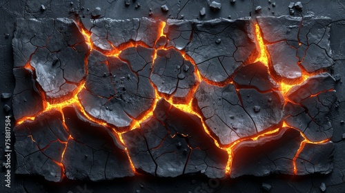 Top view of ground cracks, magma glow texture in cracks, ruined land surface after earthquake disaster isolated on black background. Realistic modern animation of damage fissures.