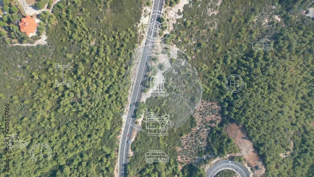 Intelligent Vehicles Cars Communicating Ai Logistic Autonomous Delivery Vehicles IoT GPS Tracking Satellite 5G Smart Roads Traffic Road Junction Interchange Motorway Triangulation Of Traffic Data